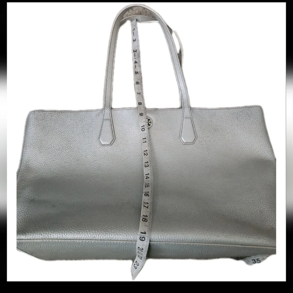 Tory Burch Silver Metallic Pebbled Leather Perry Large Tote Bag